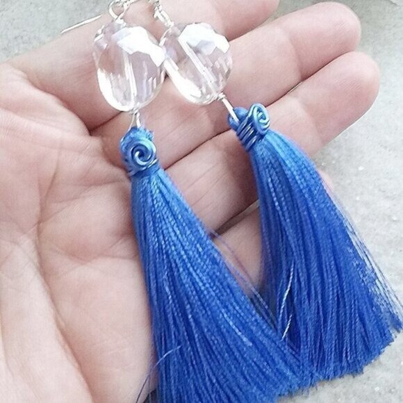 Shoulder Dusters! Extra Long Dangle Earrings - Faceted Clear Crystal + Tassels - Picture 5 of 7